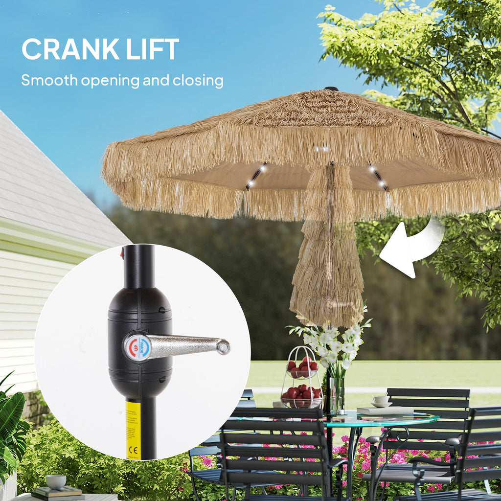 Outsunny: 9 ft (Khaki) Vented Air Straw Tasseled Hula Patio Umbrella with LED Solar Lights Plus Hand Crank and Tilt - GJB PRODUCTS