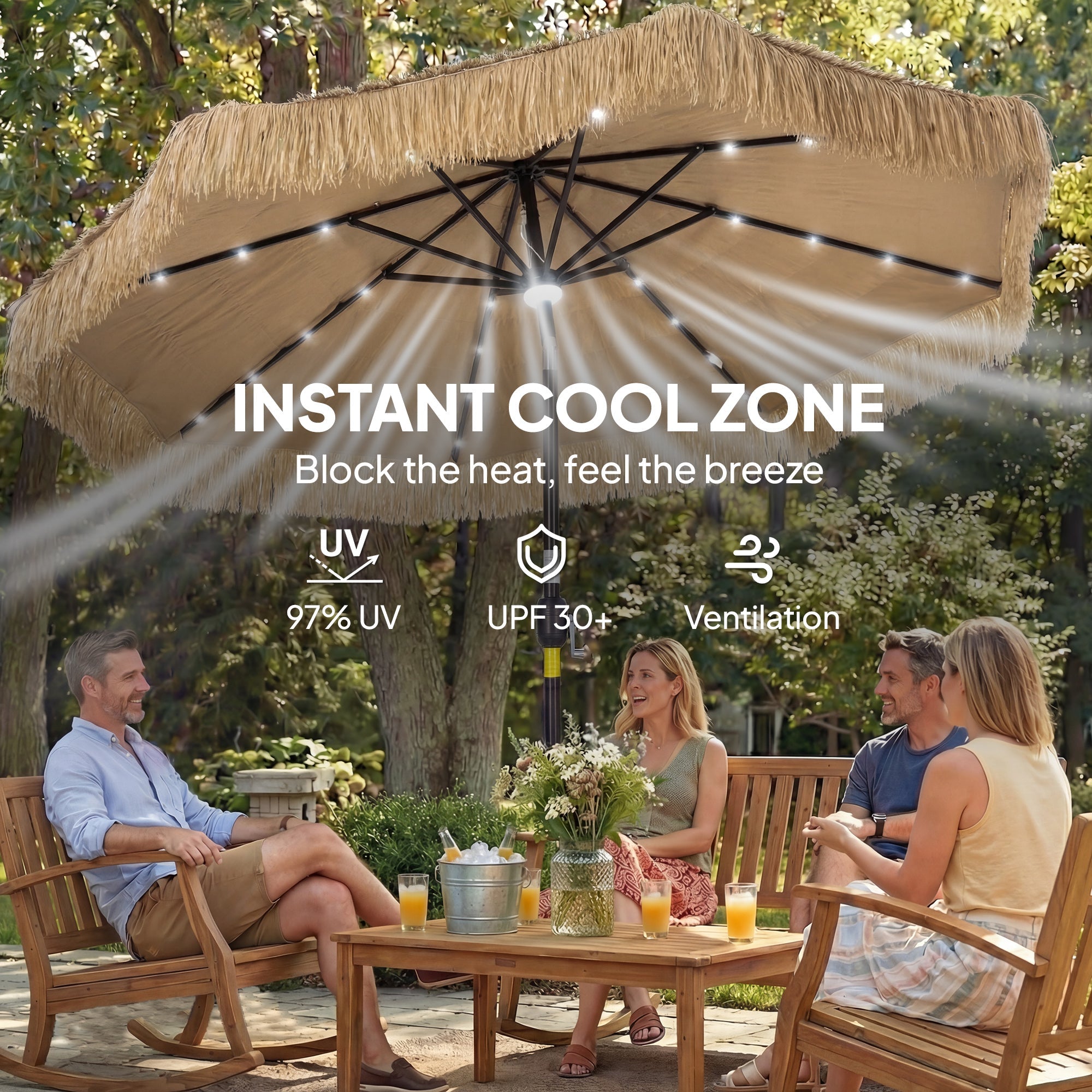 Outsunny: 9 ft (Khaki) Vented Air Straw Tasseled Hula Patio Umbrella with LED Solar Lights Plus Hand Crank and Tilt - GJB PRODUCTS