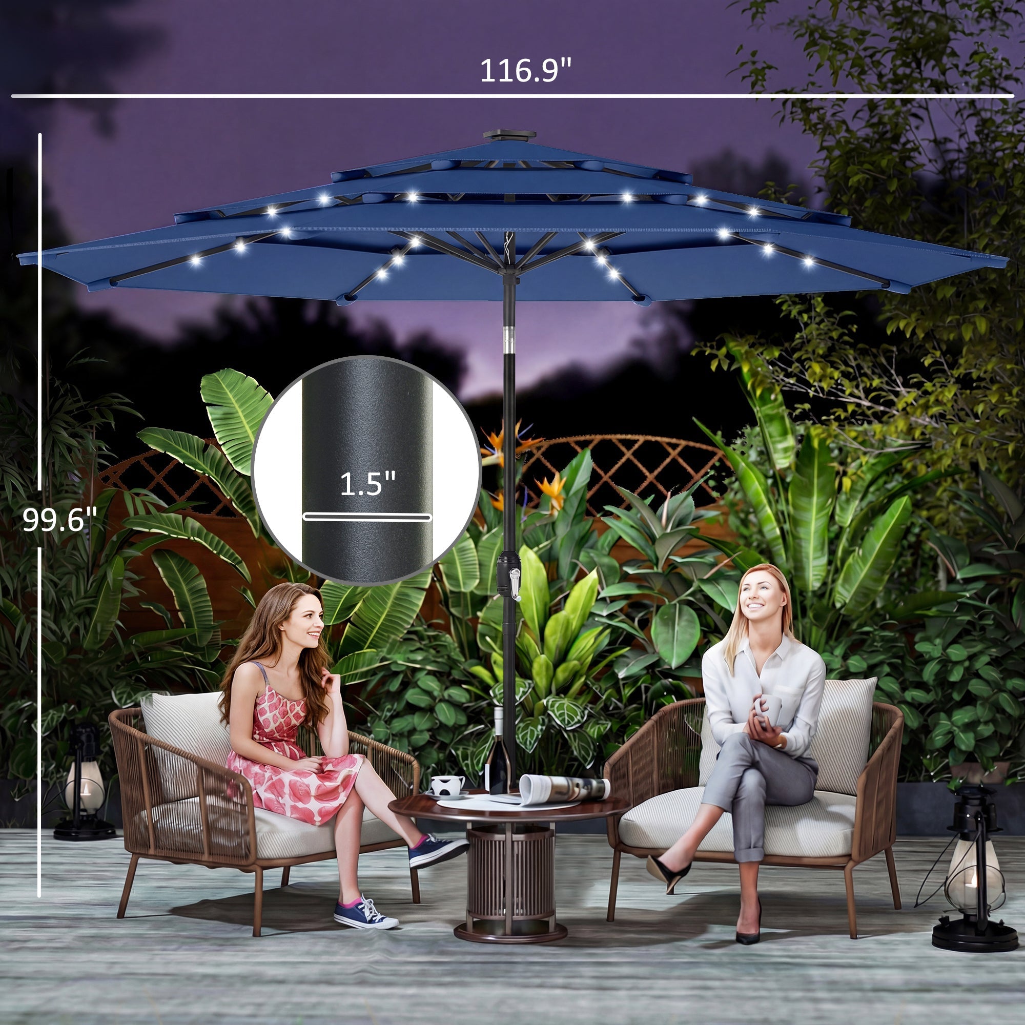 Outsunny: 9.7 ft (Navy Blue) 3 - Tier Solar Powered Patio Umbrella with 32 - LED Lights with Hand Crank and Tilt - GJB PRODUCTS