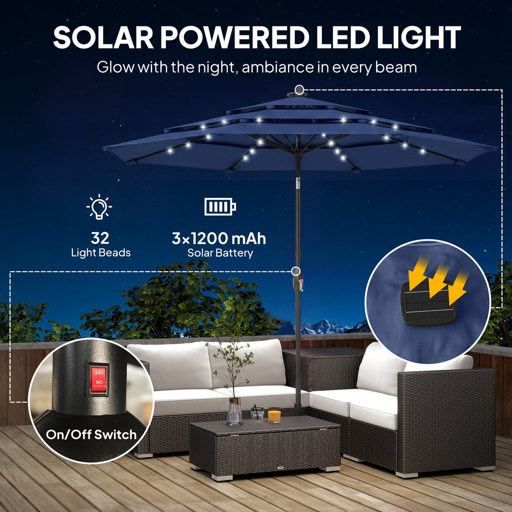 Outsunny: 9.7 ft (Navy Blue) 3 - Tier Solar Powered Patio Umbrella with 32 - LED Lights with Hand Crank and Tilt - GJB PRODUCTS