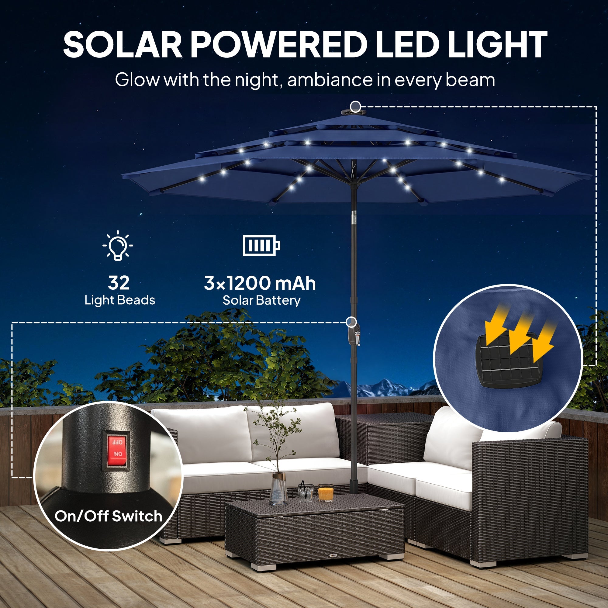 Outsunny: 9.7 ft (Navy Blue) 3 - Tier Solar Powered Patio Umbrella with 32 - LED Lights with Hand Crank and Tilt - GJB PRODUCTS