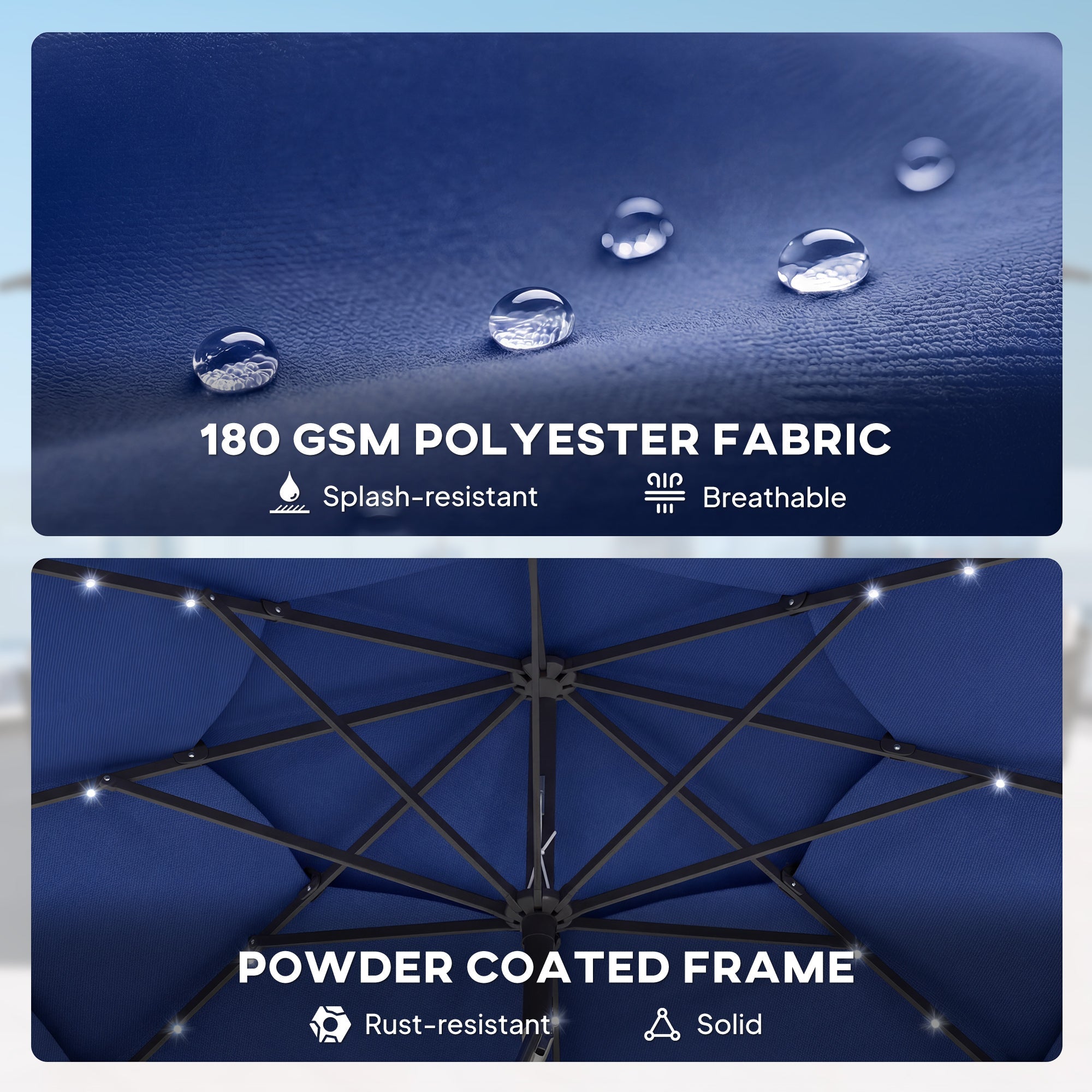 Outsunny: 9.7 ft (Navy Blue) 3 - Tier Solar Powered Patio Umbrella with 32 - LED Lights with Hand Crank and Tilt - GJB PRODUCTS