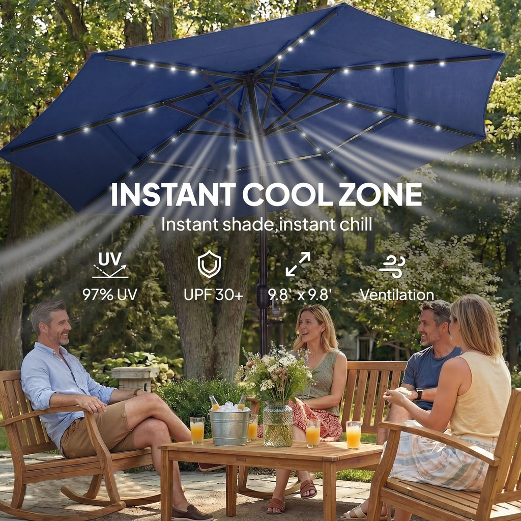 Outsunny: 9.7 ft (Navy Blue) 3 - Tier Solar Powered Patio Umbrella with 32 - LED Lights with Hand Crank and Tilt - GJB PRODUCTS