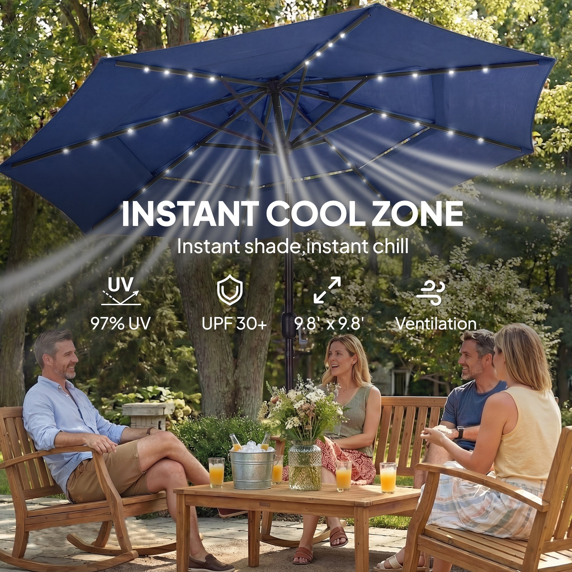 Outsunny: 9.7 ft (Navy Blue) 3 - Tier Solar Powered Patio Umbrella with 32 - LED Lights with Hand Crank and Tilt - GJB PRODUCTS