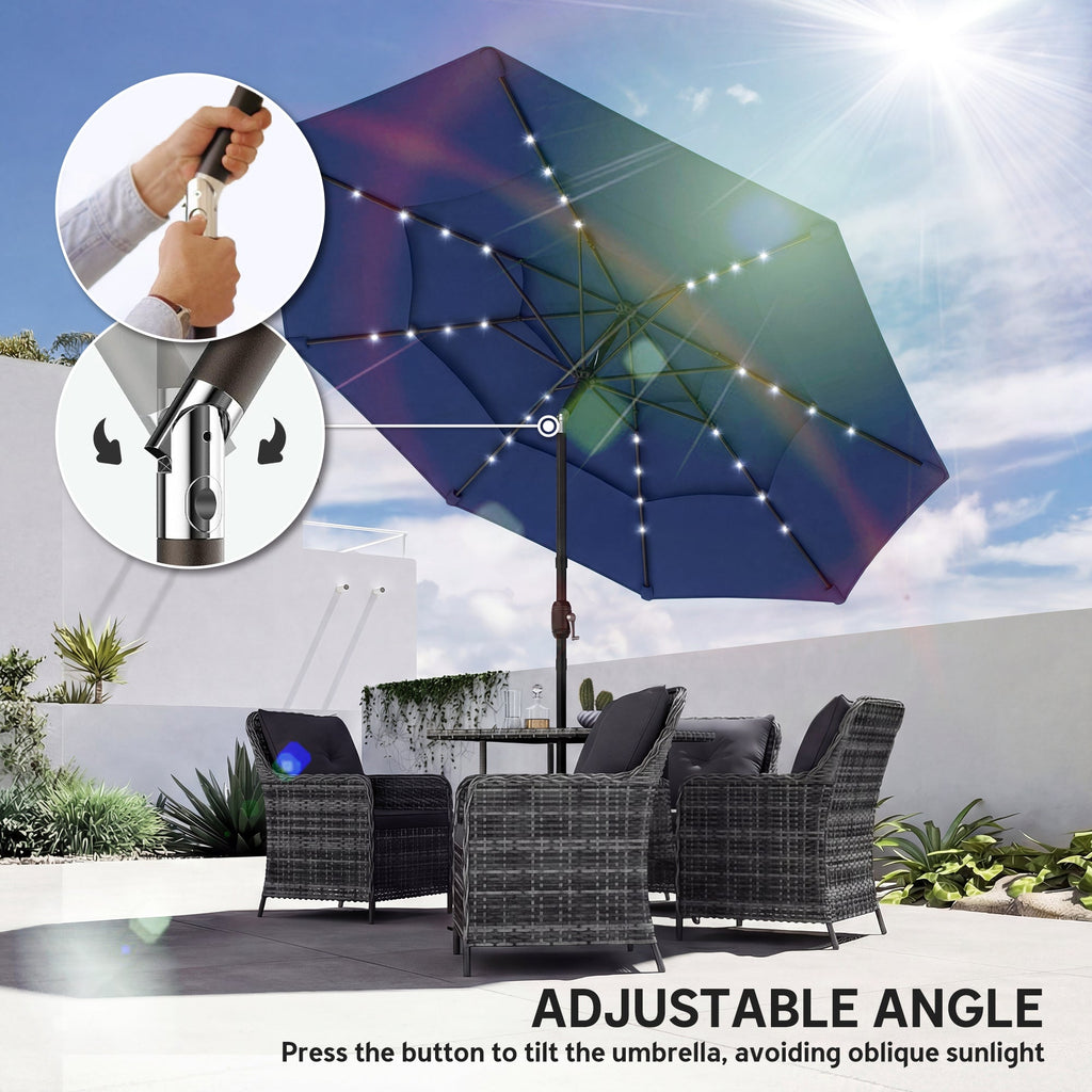 Outsunny: 9.7 ft (Navy Blue) 3 - Tier Solar Powered Patio Umbrella with 32 - LED Lights with Hand Crank and Tilt - GJB PRODUCTS