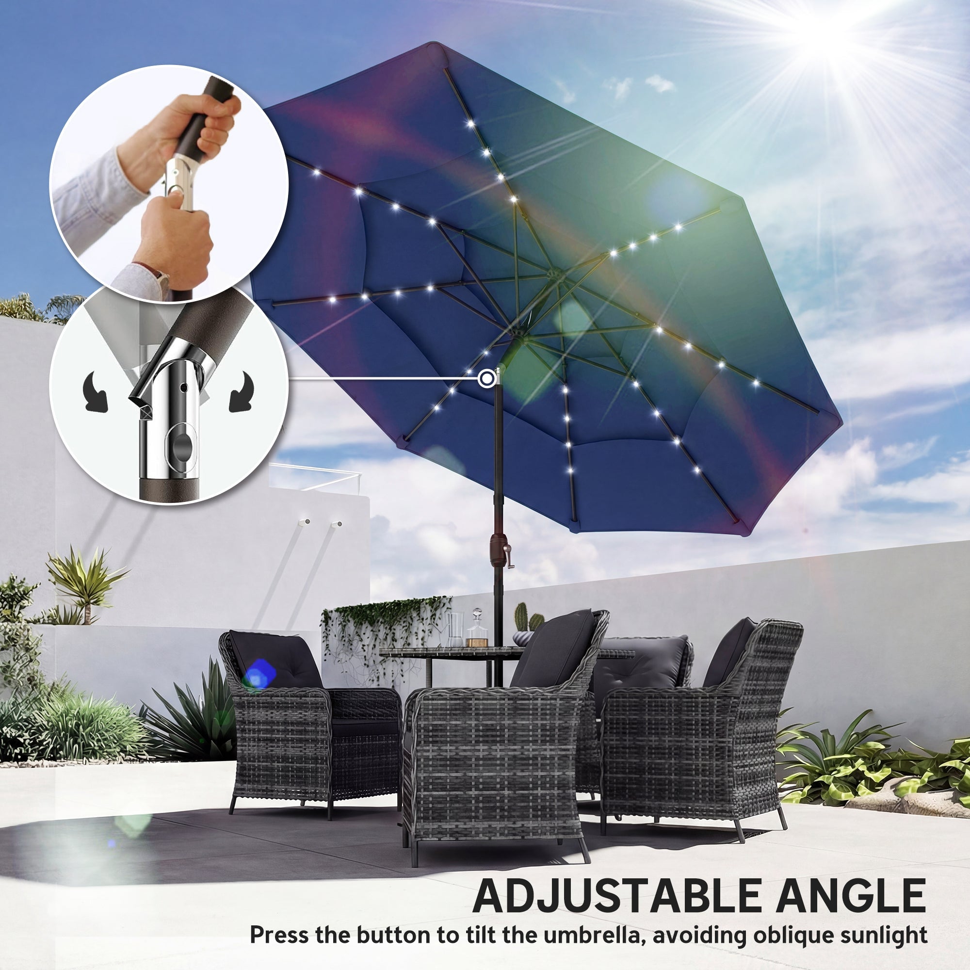 Outsunny: 9.7 ft (Navy Blue) 3 - Tier Solar Powered Patio Umbrella with 32 - LED Lights with Hand Crank and Tilt - GJB PRODUCTS