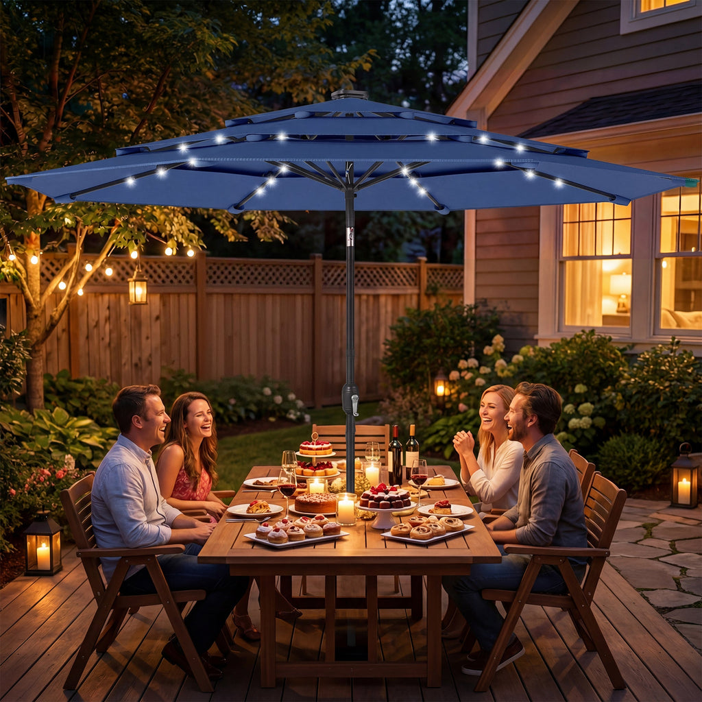 Outsunny: 9.7 ft (Navy Blue) 3 - Tier Solar Powered Patio Umbrella with 32 - LED Lights with Hand Crank and Tilt - GJB PRODUCTS