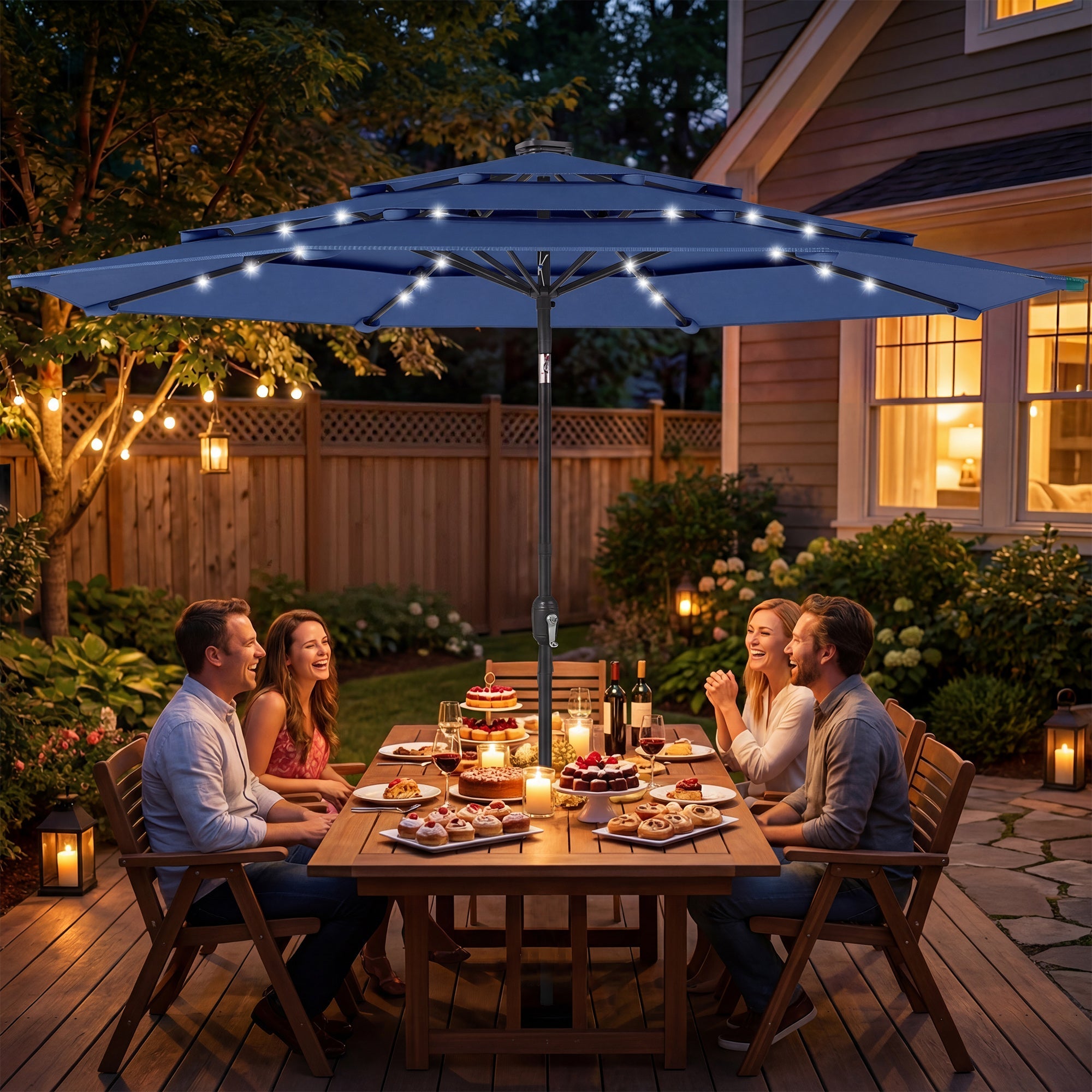 Outsunny: 9.7 ft (Navy Blue) 3 - Tier Solar Powered Patio Umbrella with 32 - LED Lights with Hand Crank and Tilt - GJB PRODUCTS