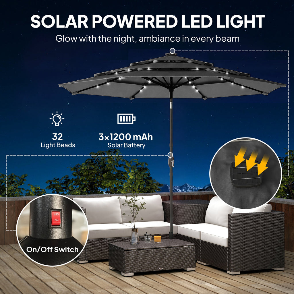 Outsunny: 9.7ft (Black) 3 Tier Patio Umbrella with Solar Powered LED Lights w/Tilt & Hand Crank - GJB PRODUCTS