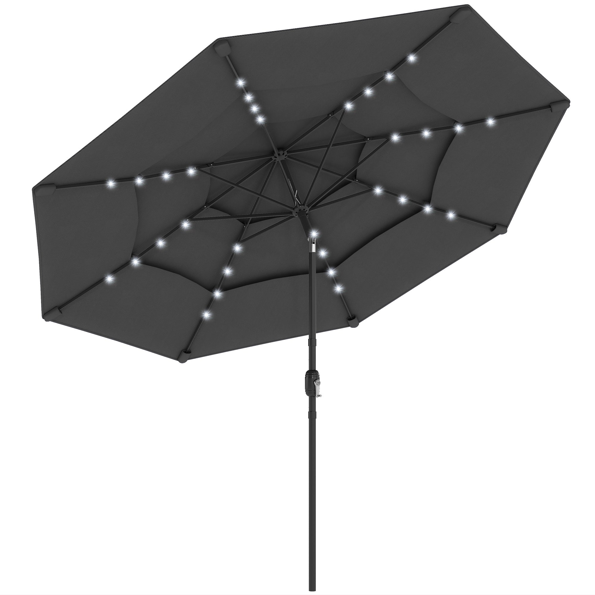 Outsunny: 9.7ft (Black) 3 Tier Patio Umbrella with Solar Powered LED Lights w/Tilt & Hand Crank - GJB PRODUCTS