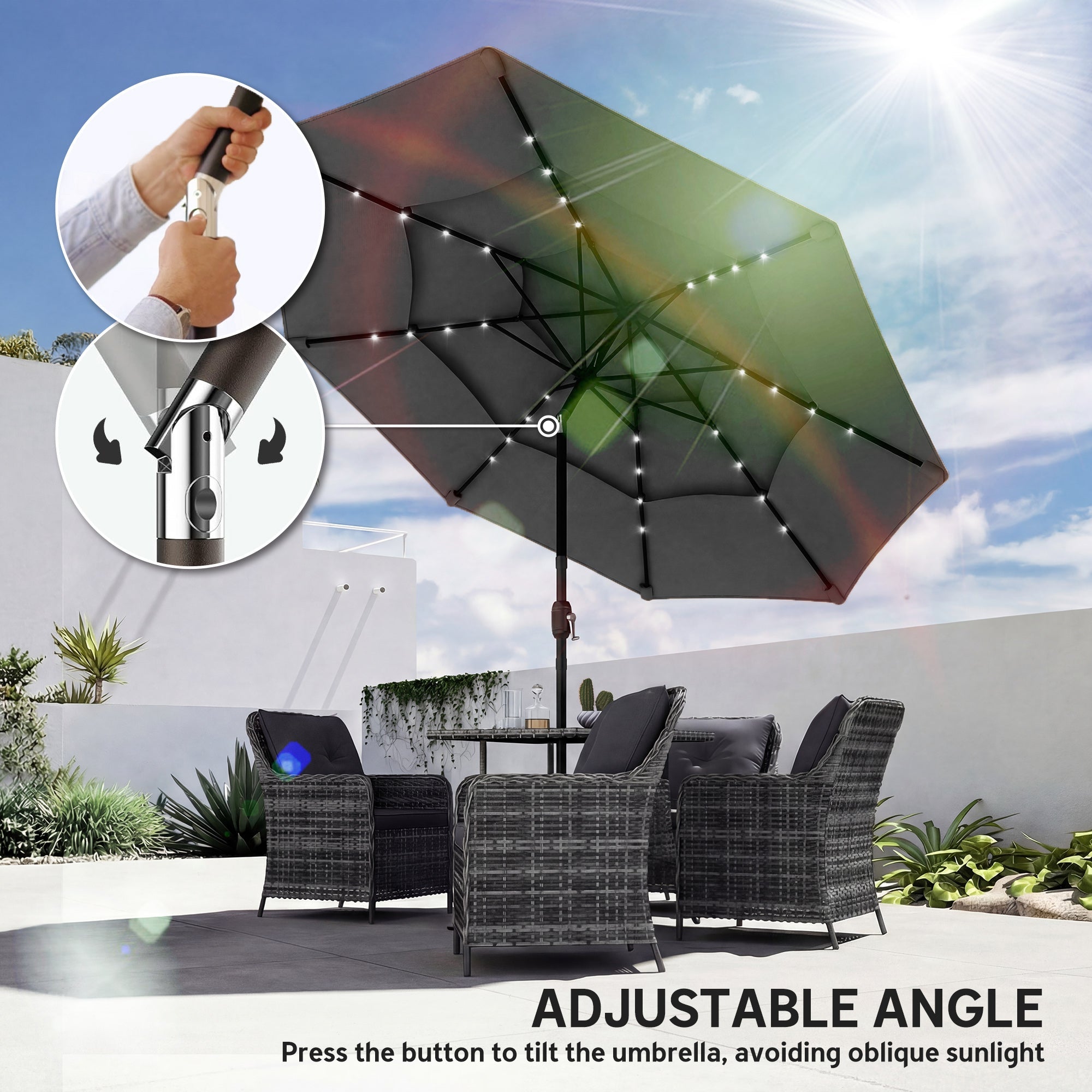 Outsunny: 9.7ft (Black) 3 Tier Patio Umbrella with Solar Powered LED Lights w/Tilt & Hand Crank - GJB PRODUCTS