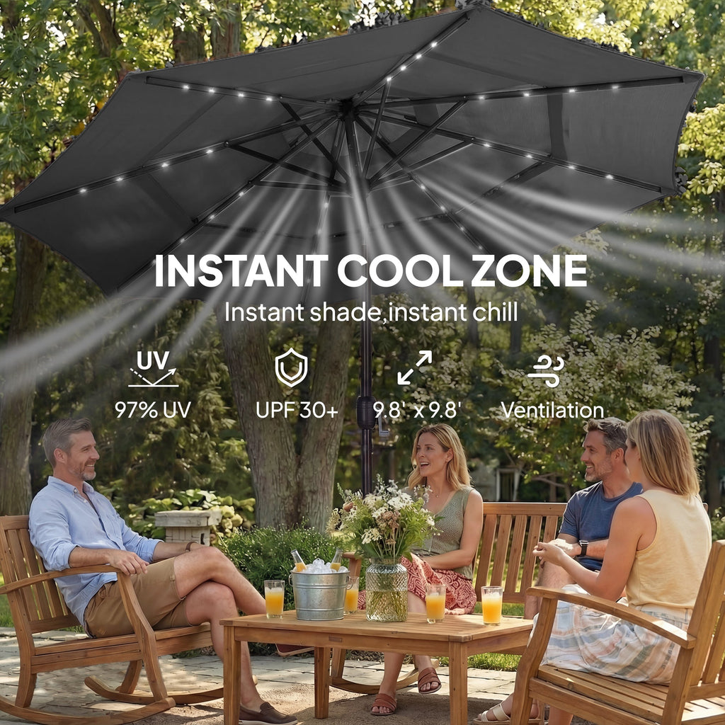 Outsunny: 9.7ft (Black) 3 Tier Patio Umbrella with Solar Powered LED Lights w/Tilt & Hand Crank - GJB PRODUCTS