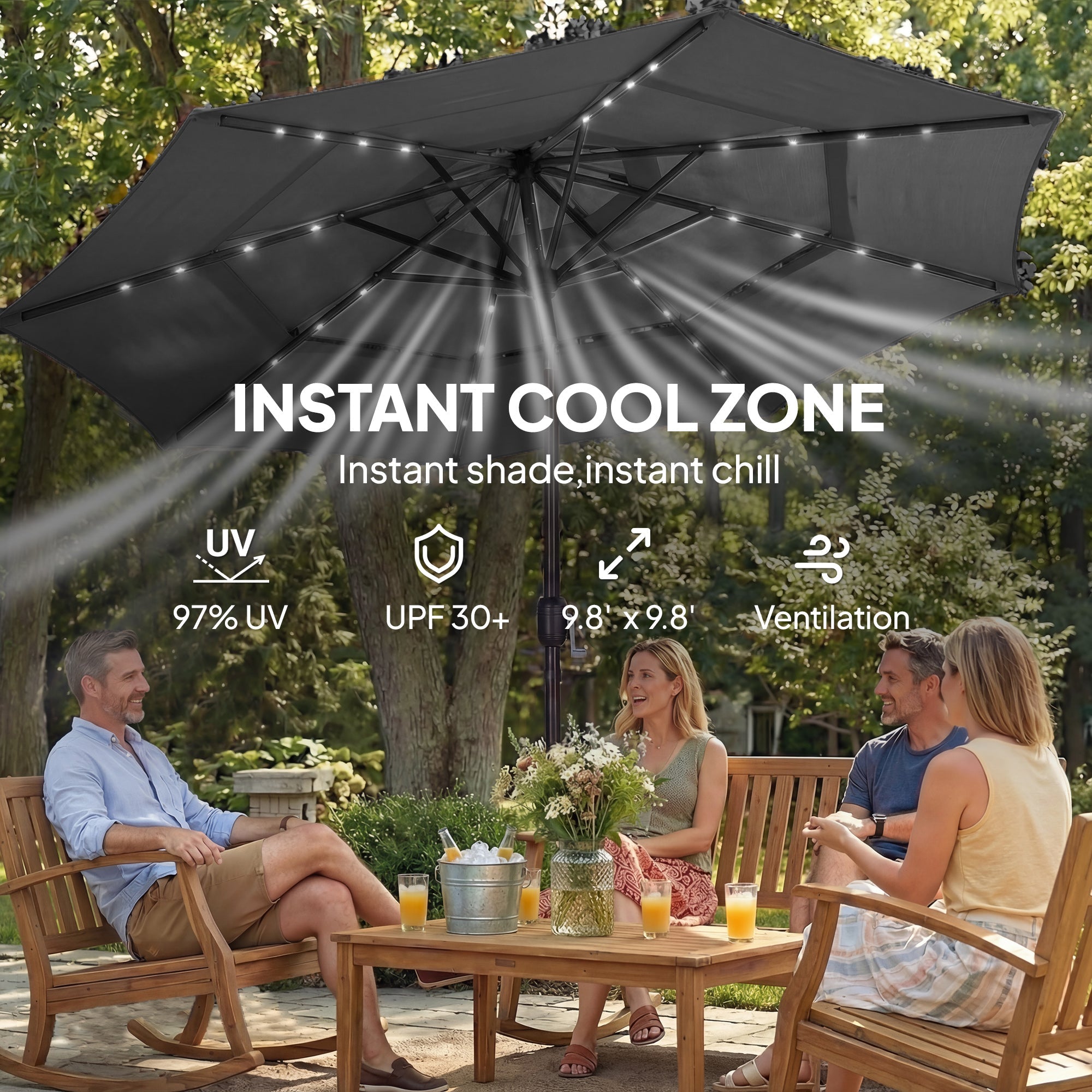 Outsunny: 9.7ft (Black) 3 Tier Patio Umbrella with Solar Powered LED Lights w/Tilt & Hand Crank - GJB PRODUCTS