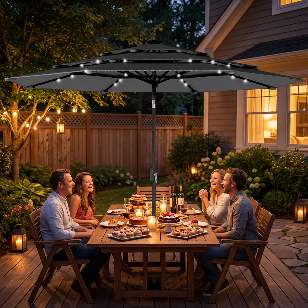 Outsunny: 9.7ft (Black) 3 Tier Patio Umbrella with Solar Powered LED Lights w/Tilt & Hand Crank - GJB PRODUCTS