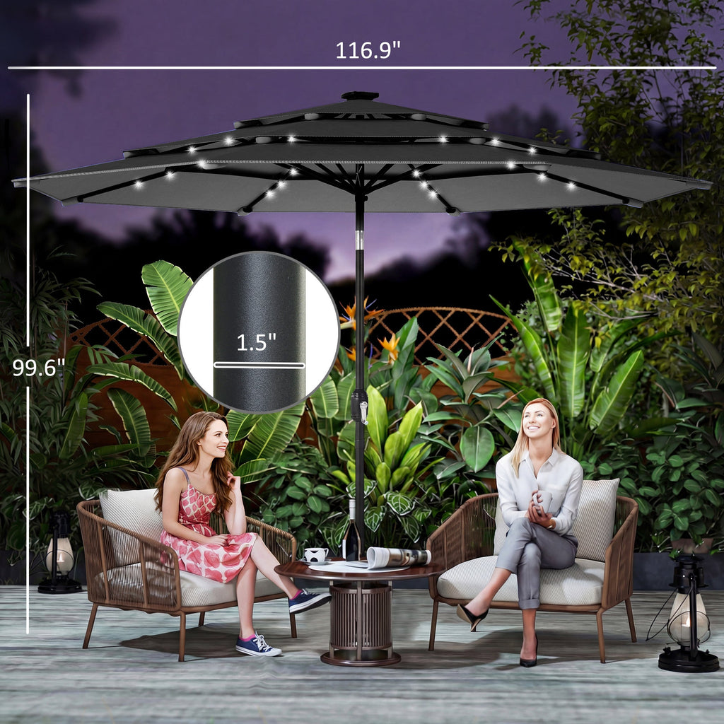 Outsunny: 9.7ft (Black) 3 Tier Patio Umbrella with Solar Powered LED Lights w/Tilt & Hand Crank - GJB PRODUCTS