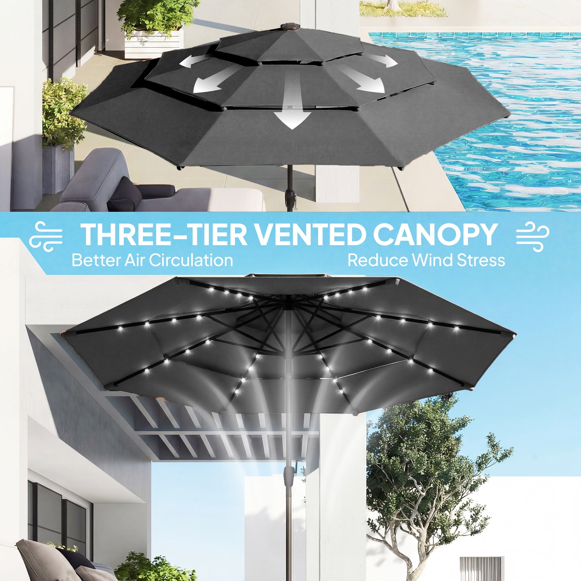 Outsunny: 9.7ft (Black) 3 Tier Patio Umbrella with Solar Powered LED Lights w/Tilt & Hand Crank - GJB PRODUCTS