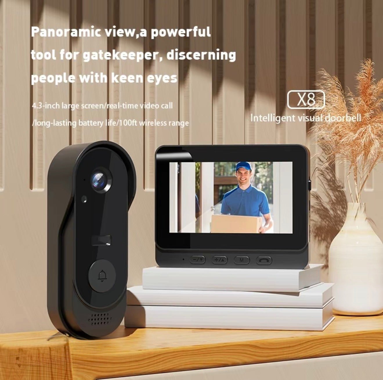 SecureView X8: Wireless Doorbell 480P Camera(300,000 Pixel) with 4.3”Monitor - Smart/Night Vision/Waterproof/10000mAh Rechargeable Battery - GJB PRODUCTS
