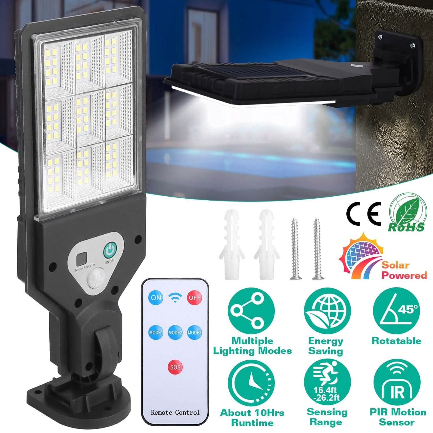 Solar Wall Light Outdoor Beads PIR Motion Sensor Remote Control Wireless Lamps - GJB PRODUCTS