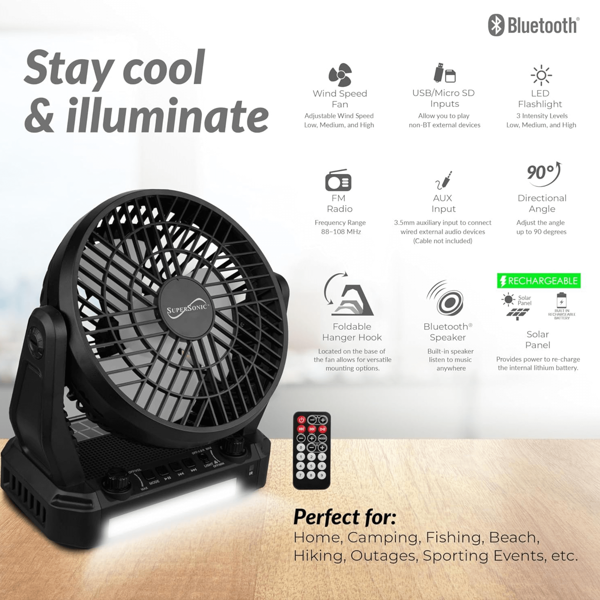 Supersonic: 5V Solar - Powered Adjustable 6” Fan(3 - Speed),Bluetooth Speaker with FM Radio,Remote Controlled and LED Flashlight - GJB PRODUCTS