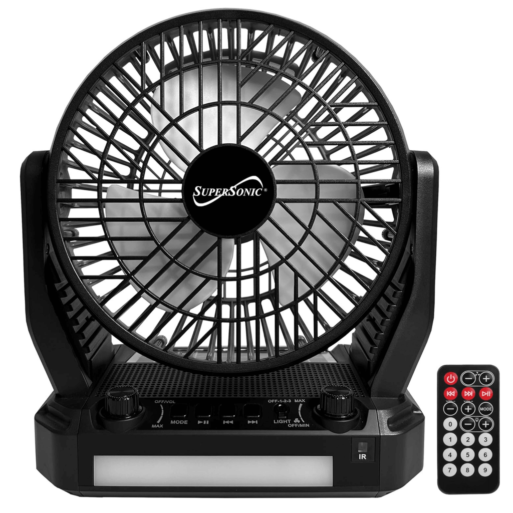Supersonic: 5V Solar - Powered Adjustable 6” Fan(3 - Speed),Bluetooth Speaker with FM Radio,Remote Controlled and LED Flashlight - GJB PRODUCTS