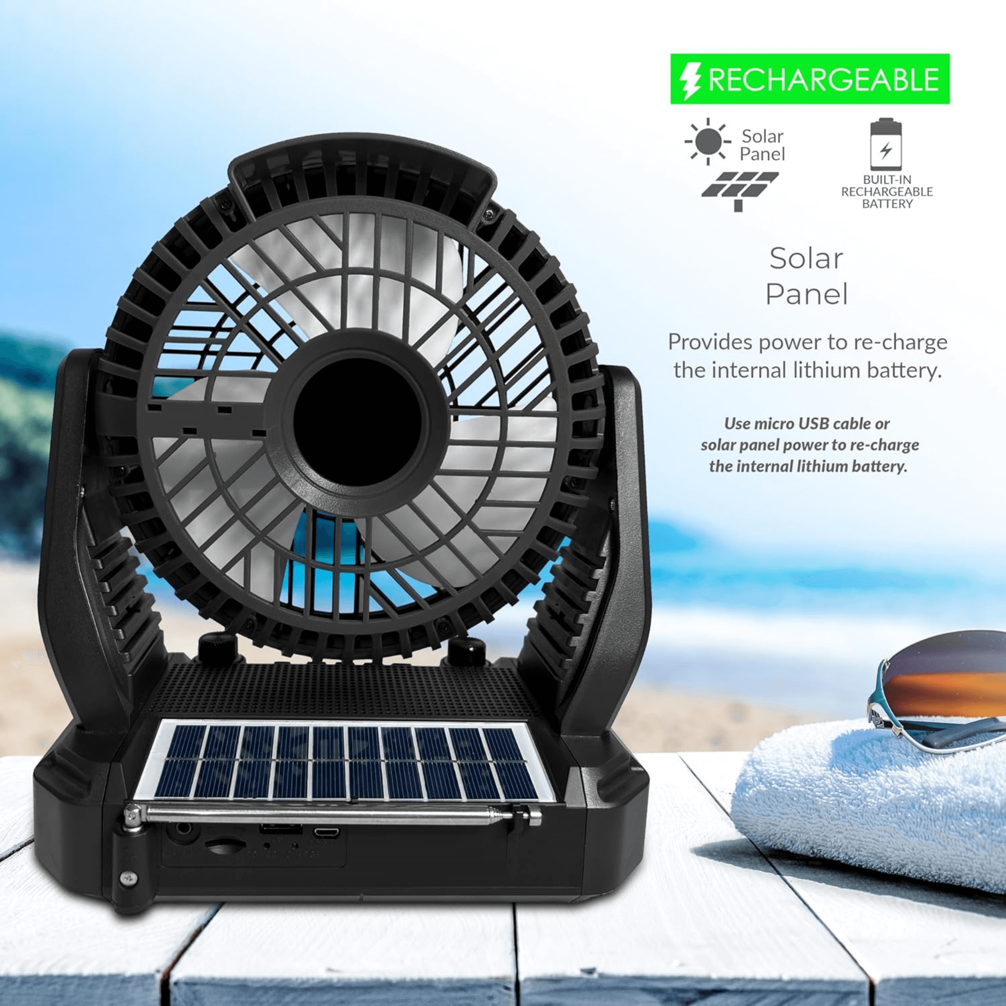 Supersonic: 5V Solar - Powered Adjustable 6” Fan(3 - Speed),Bluetooth Speaker with FM Radio,Remote Controlled and LED Flashlight - GJB PRODUCTS