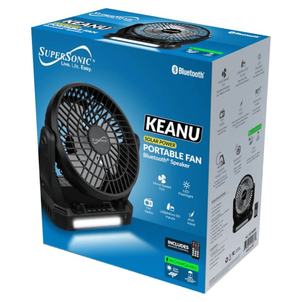 Supersonic: 5V Solar - Powered Adjustable 6” Fan(3 - Speed),Bluetooth Speaker with FM Radio,Remote Controlled and LED Flashlight - GJB PRODUCTS