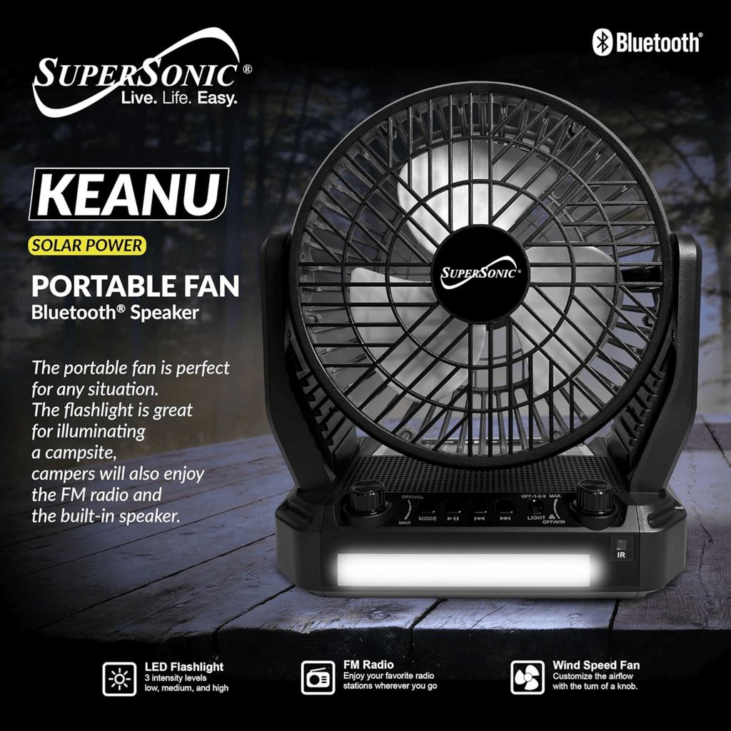 Supersonic: 5V Solar - Powered Adjustable 6” Fan(3 - Speed),Bluetooth Speaker with FM Radio,Remote Controlled and LED Flashlight - GJB PRODUCTS
