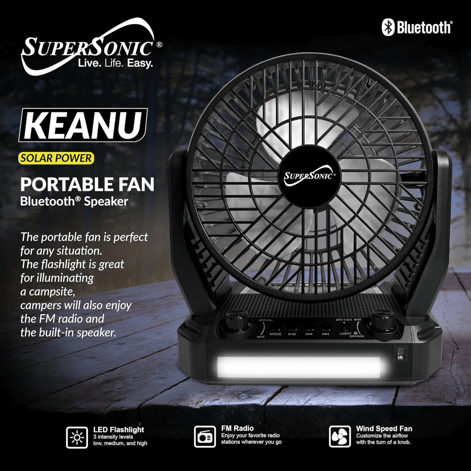 Supersonic: 5V Solar - Powered Adjustable 6” Fan(3 - Speed),Bluetooth Speaker with FM Radio,Remote Controlled and LED Flashlight - GJB PRODUCTS