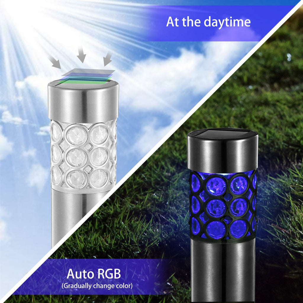 TCHUT: 6Pcs Stainless Steal Solar Powered Pathway Light IP44 Waterproof 3 RGB Color Changing For Yard,Garden or Pathway 8hr Charge - Time - GJB PRODUCTS