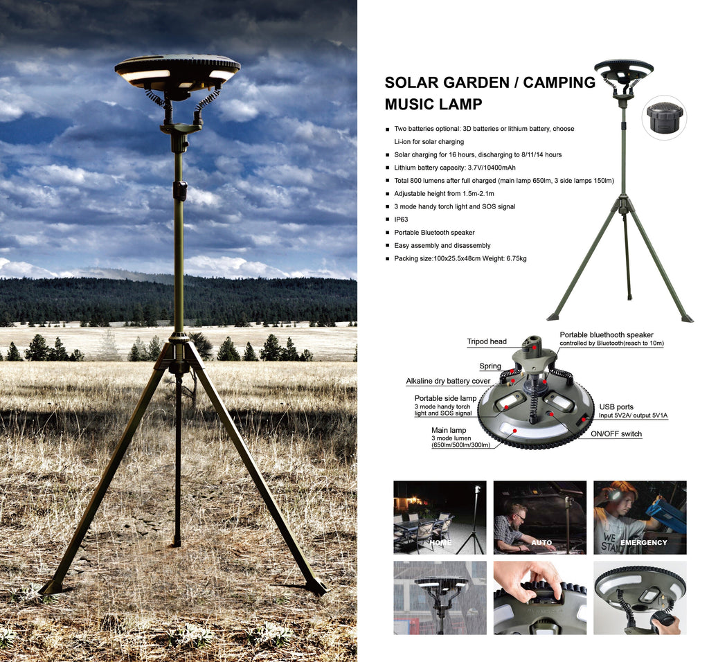 TRU De - LIGHT: Multipurpose Singing Solar(800 mo Lm) Music LED Light - Bluetooth Speaker / Main Light + 3 Independent Detachable Multi Mode Lights/Mosquito Repellent Light/Tripod+Carrying Bag - GJB PRODUCTS