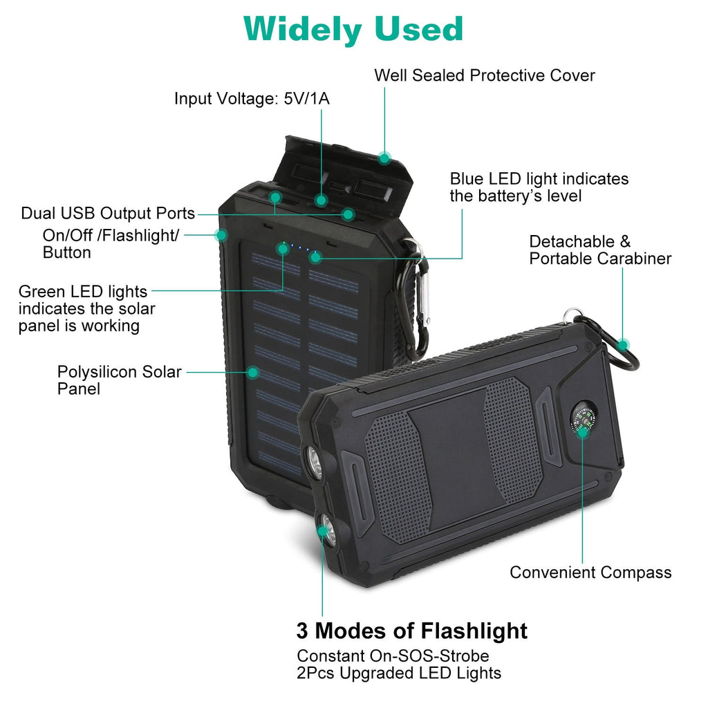 Universal for Apple: 10,000mAh 5V USB or Solar Powered Power Bank with Dual USB, LED Lights(3 - Mode) and Compass - GJB PRODUCTS