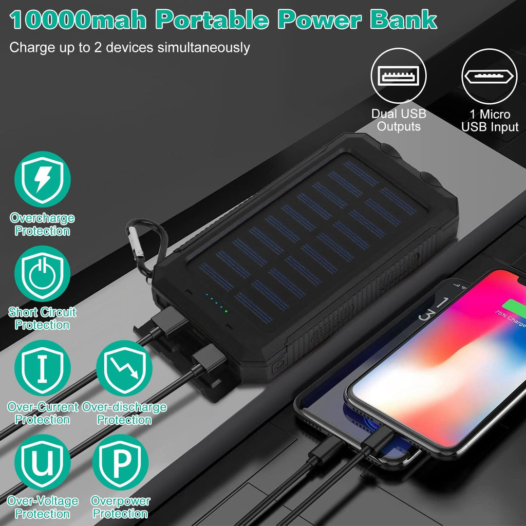 Universal for Apple: 10,000mAh 5V USB or Solar Powered Power Bank with Dual USB, LED Lights(3 - Mode) and Compass - GJB PRODUCTS