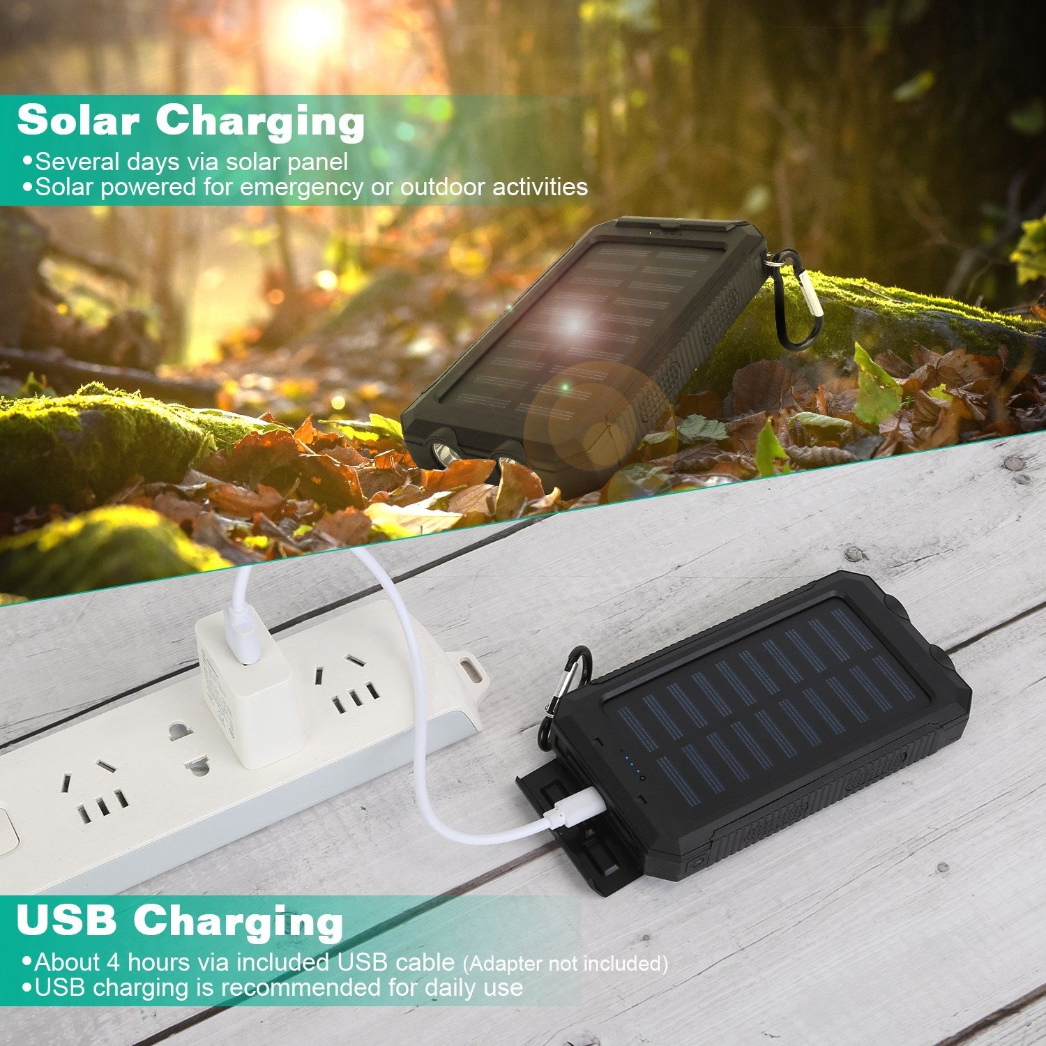 Universal for Apple: 10,000mAh 5V USB or Solar Powered Power Bank with Dual USB, LED Lights(3 - Mode) and Compass - GJB PRODUCTS