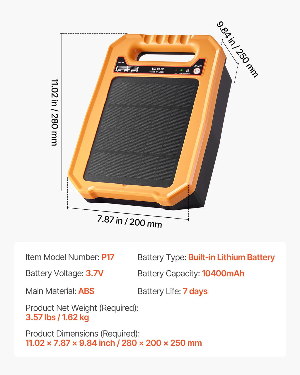 Vevor: 0.3J 8kV Solar(10W) Electric Fence Charger - GJB PRODUCTS