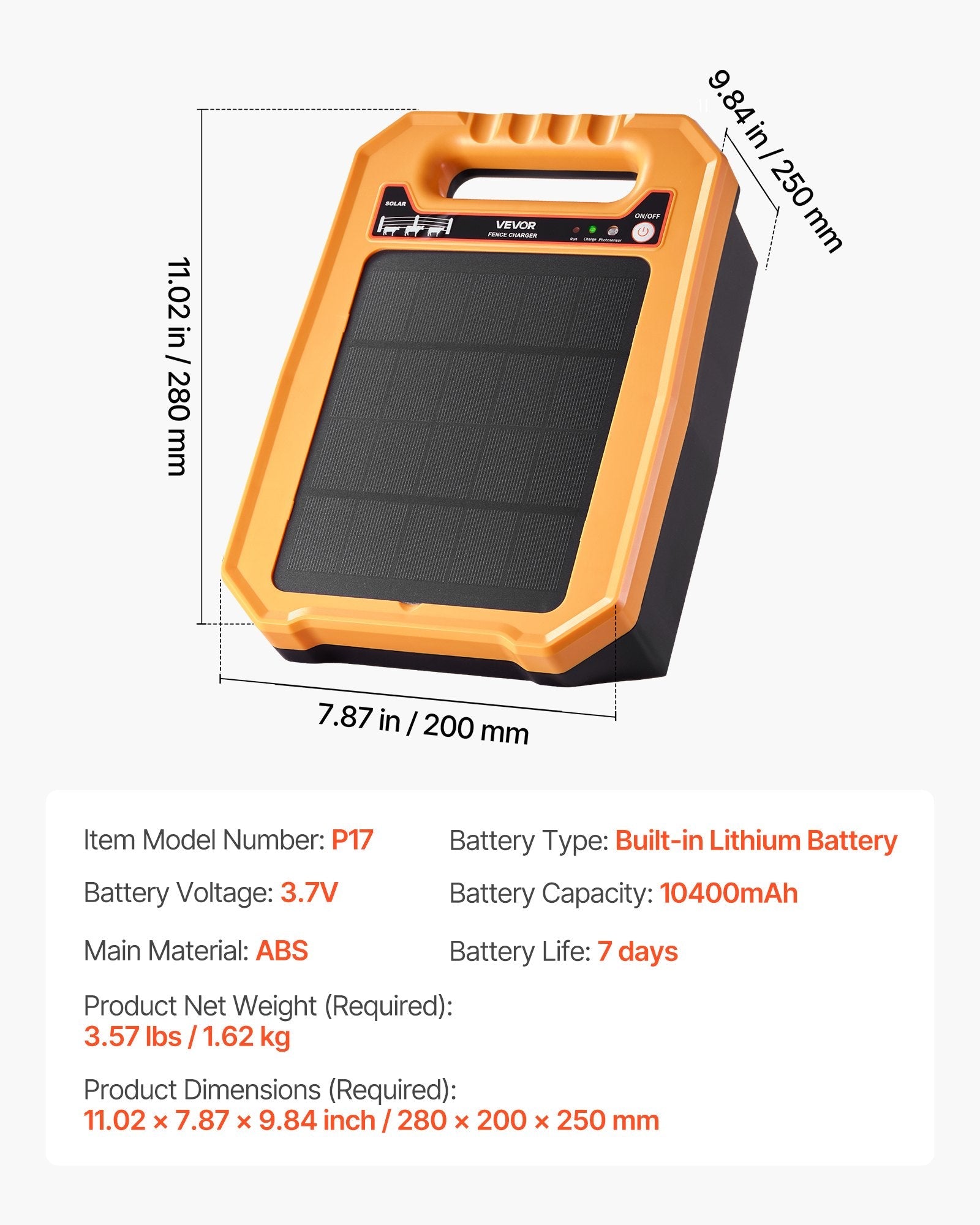 Vevor: 0.3J 8kV Solar(10W) Electric Fence Charger - GJB PRODUCTS