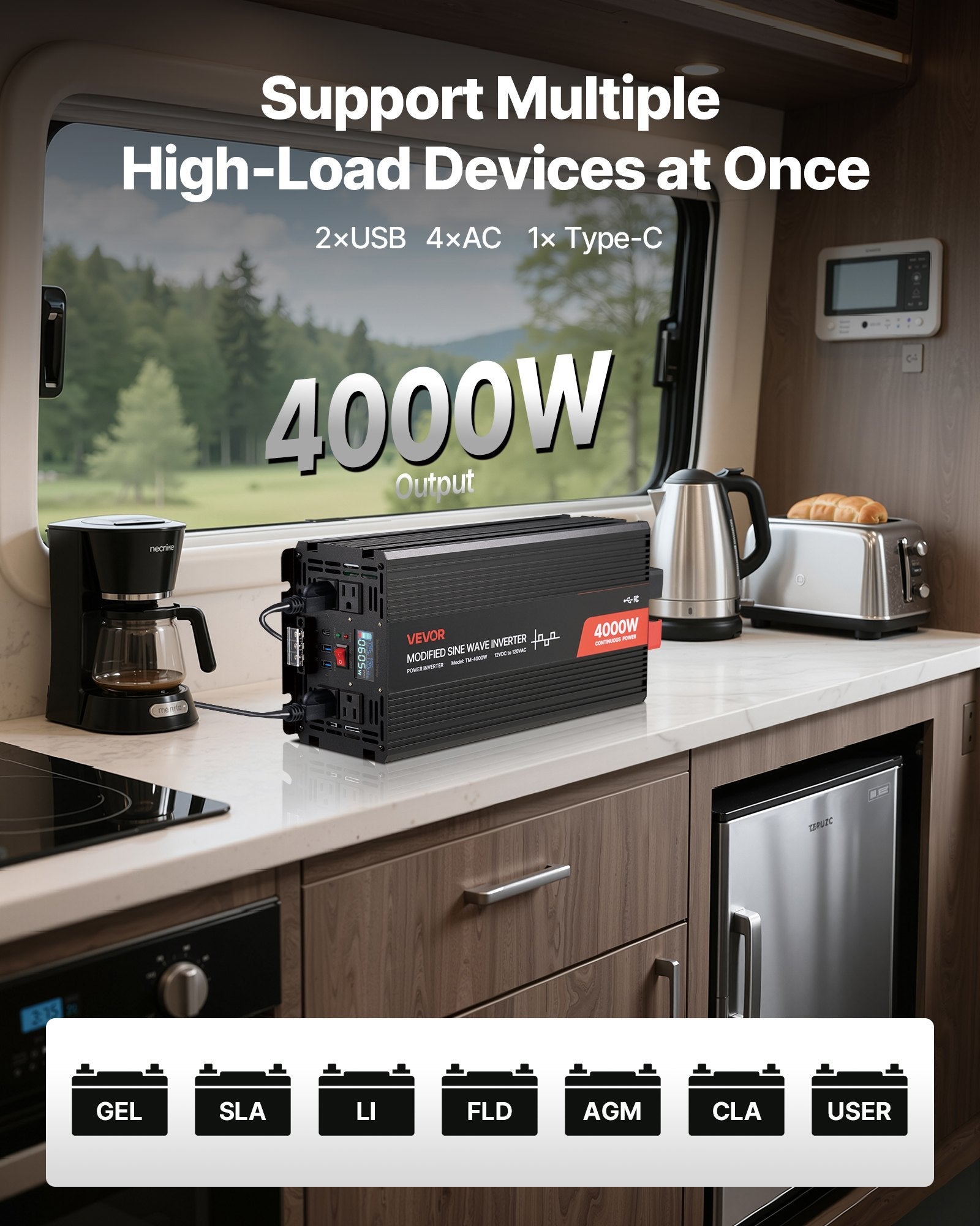 VEVOR: 4000W Power Inverter, 12V DC To 120V AC, Solar Charger For RV, Truck - GJB PRODUCTS