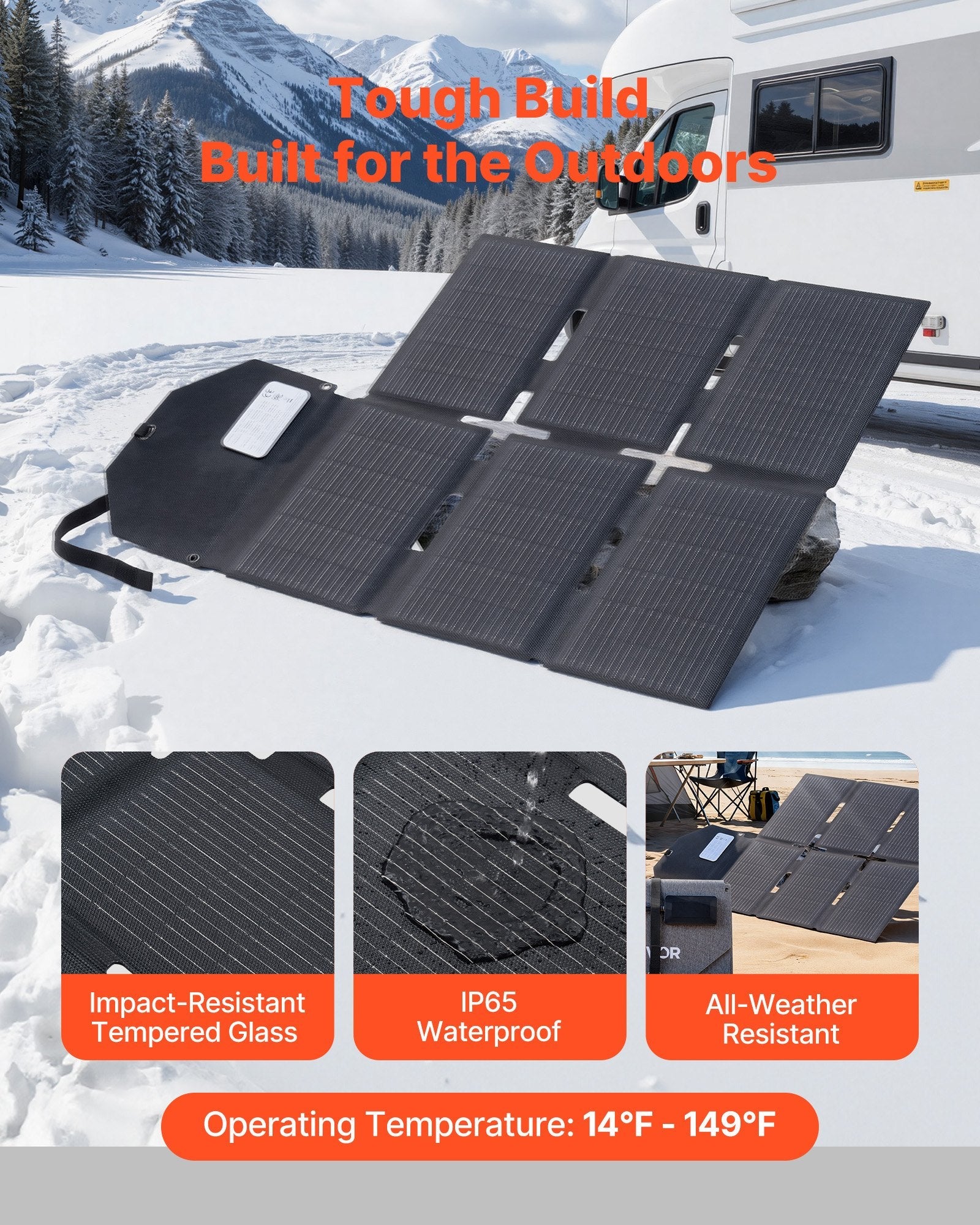 VEVOR: 60W Lightweight Portable & Foldable Solar Panel Charger, 16BB N - Type Monocrystalline Solar Panel 24% Efficiency With MC4 Output, Type - C, USB - A & DC Ports For Power Stations - GJB PRODUCTS