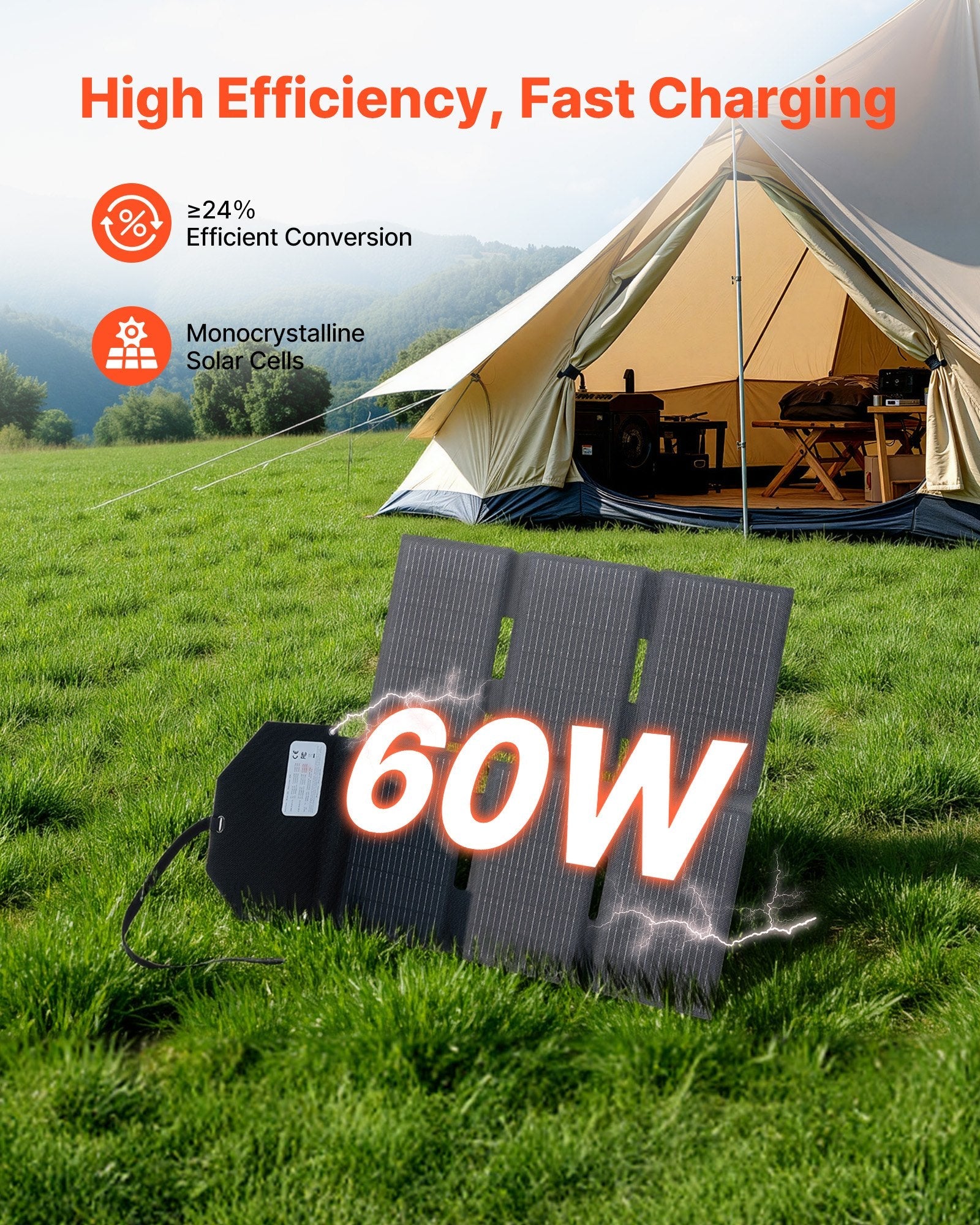 VEVOR: 60W Lightweight Portable & Foldable Solar Panel Charger, 16BB N - Type Monocrystalline Solar Panel 24% Efficiency With MC4 Output, Type - C, USB - A & DC Ports For Power Stations - GJB PRODUCTS