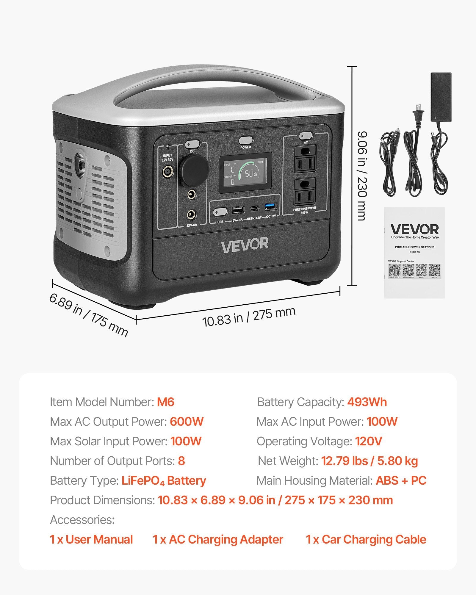 VEVOR: Portable Power Station, 600W Solar Generator Power Station, 493Wh LiFePO4 Battery Backup With 8 Output Ports For Home Emergency, Outdoor Camping, RV Travel (Solar Panel NOT Included) - GJB PRODUCTS