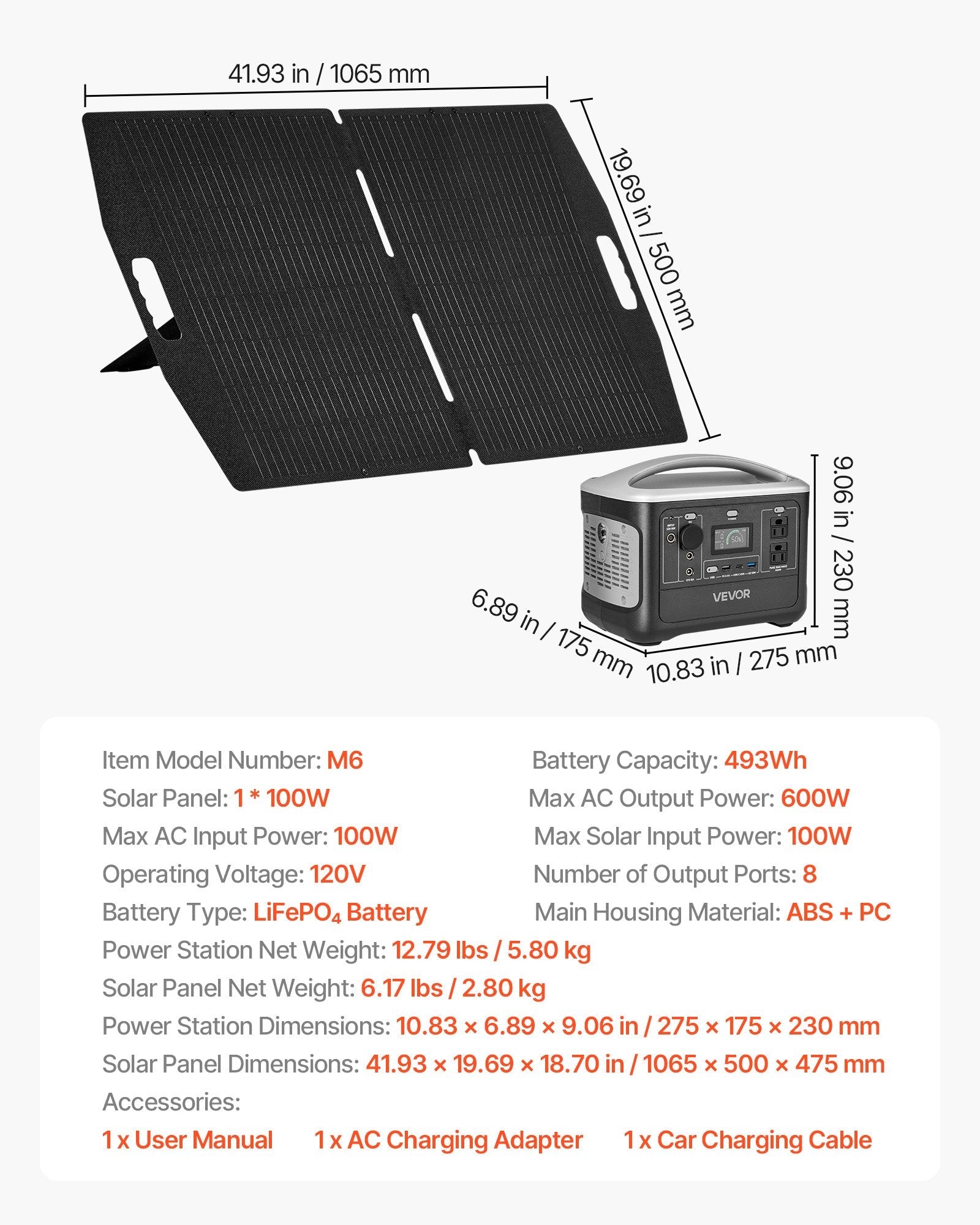 Vevor: Portable Power Station With 100W Solar Panel, 600W Solar Generator Power Station, 493Wh LiFePO4 Battery Backup With 8 Output Ports For Home Emergency, Outdoor Camping, RV Travel - GJB PRODUCTS